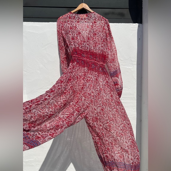 VTG Red Floral Long Sleeve Sheer Beach Coverup Jumpsuit - Picture 4 of 14